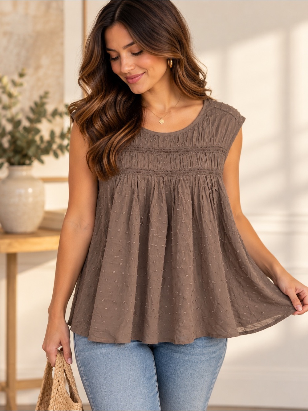 NWT Torrid Swiss Dot Babydoll Blouse Taupe Brown Embroidered M/L 10